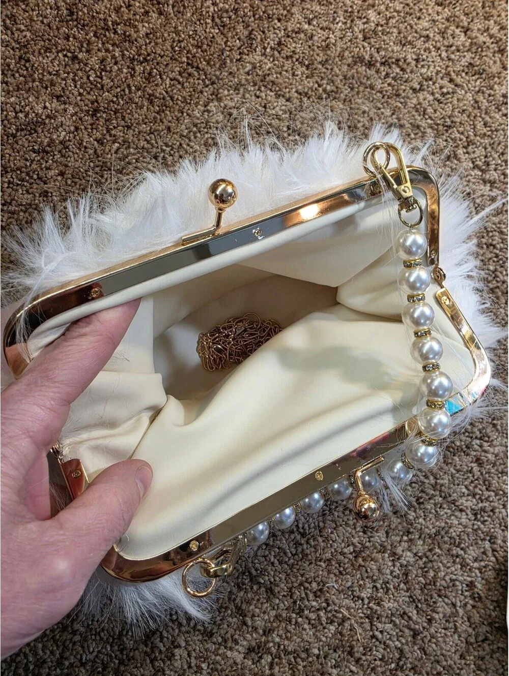 White Faux Fur Clutch Bag with Pearl Handle and Gold Frame